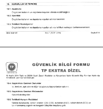 Şekil 3: Bir güvenlik bilgi formunun “10. Kararlılık ve tepkime” bölümüne yakından bakış
